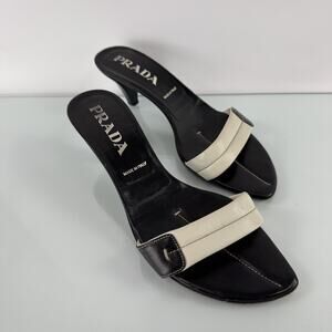 PRADA Kitten Heel Slip on Mules Black White Made in Italy Womens 7.5 - 38 EU